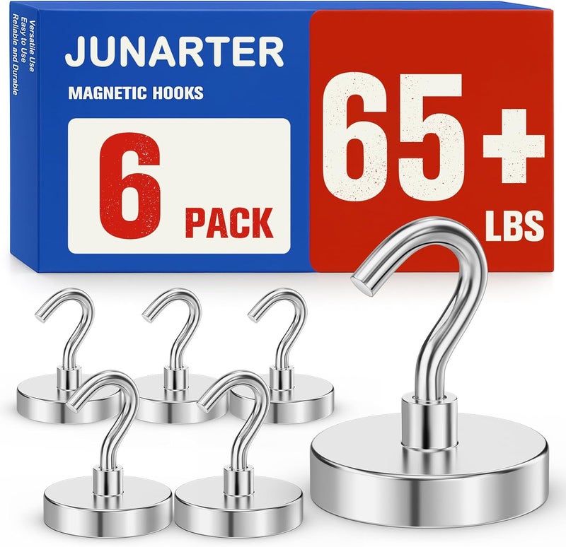 Junarter 6Pack Strong Magnetic Hooks, 65lbs Magnet Hooks Heavy Duty, Metal Magnetic Hooks for Cruise Cabins, Magnet with Hooks, Magnetic Hook for Hanging, Refrigerator, Garage, Outdoor - Image 1